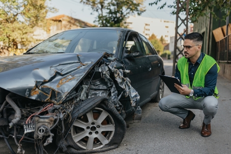 car insurance adjuster looking at a wrecked car