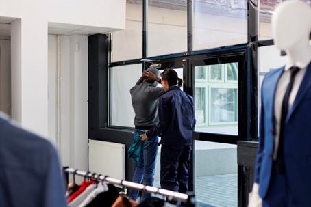 Worker putting thief to stay with arms raised stock photo